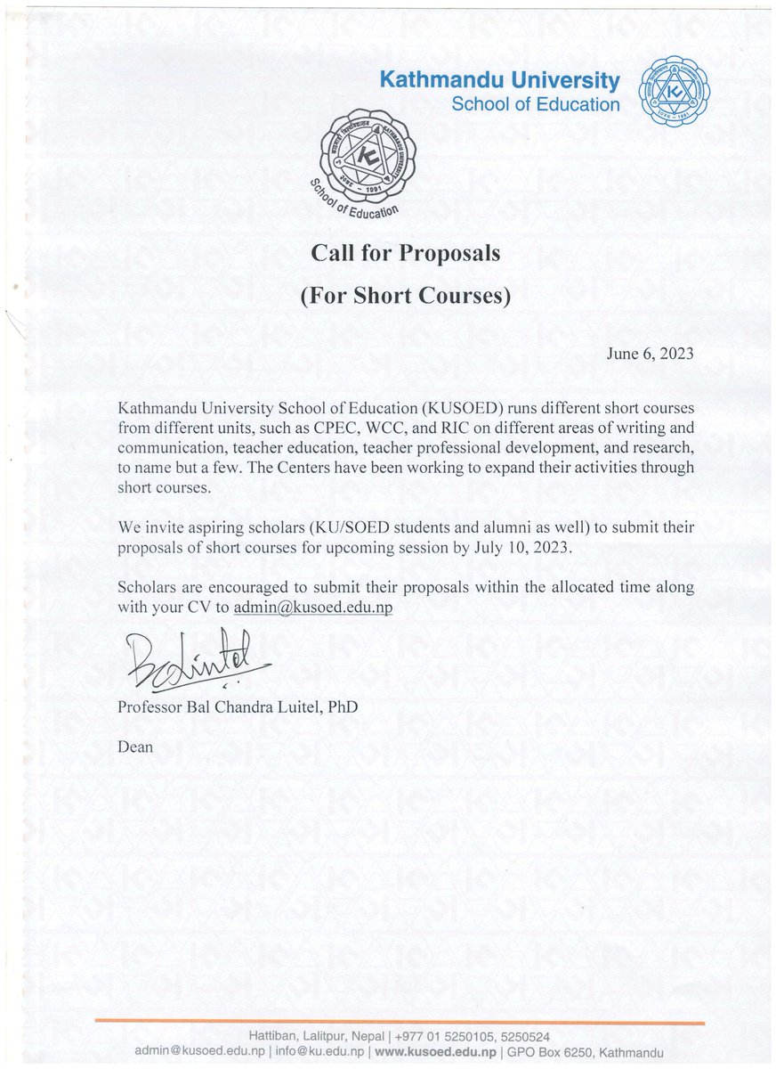 KUNotice's tweet photo. Call for Proposals (For Short Courses) 2023

Category: University Notice
- Tue 6th Jun, 2023

https://t.co/247EHruWNg
#KathmanduUniversity https://t.co/TA89HznJRq