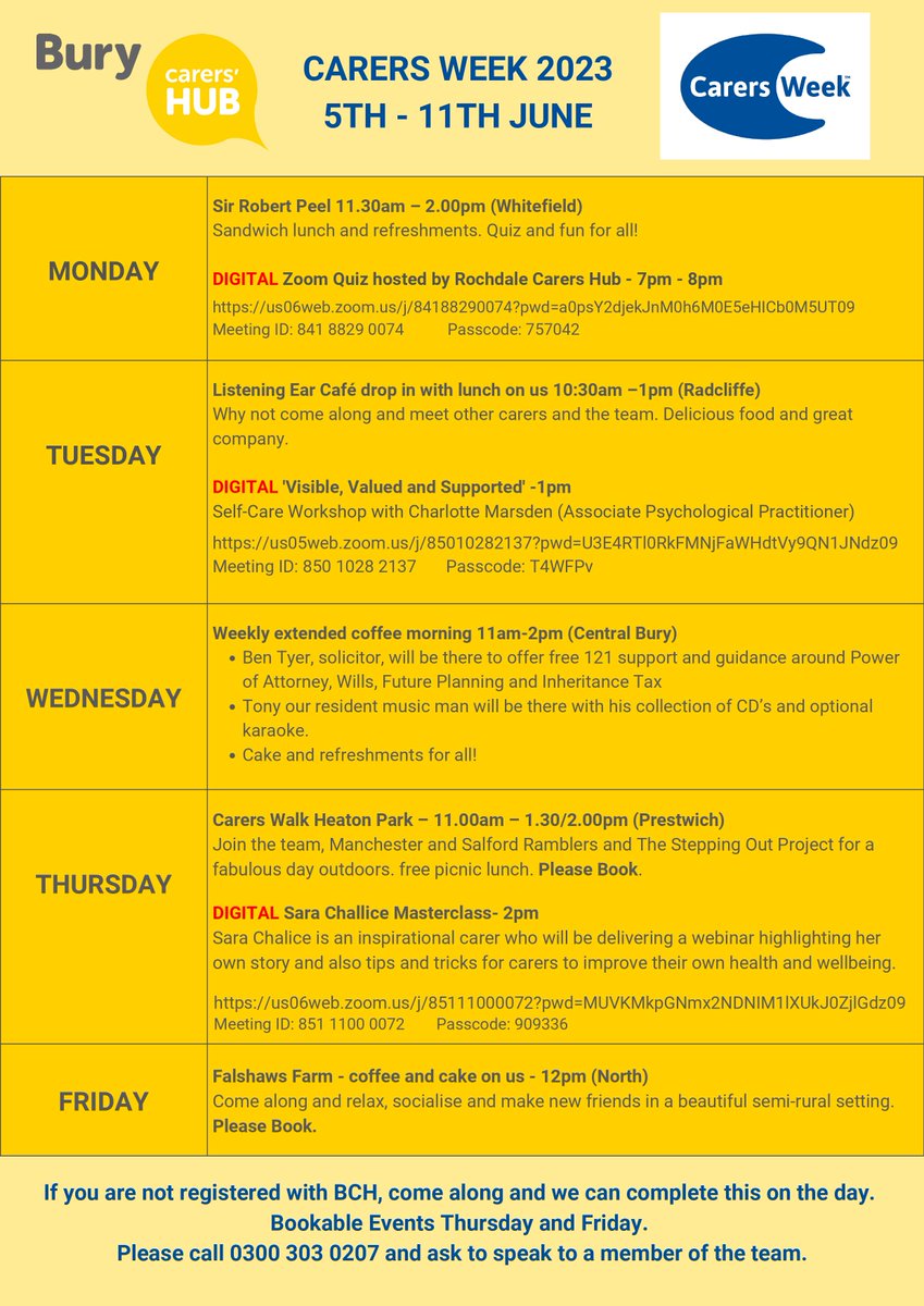 As part of #CarersWeek, events are happening throughout the week; check out what is happening below👇

If you are a carer looking for support, reach out to the Bury Carers Hub today 👉bury.gov.uk/social-care-an…