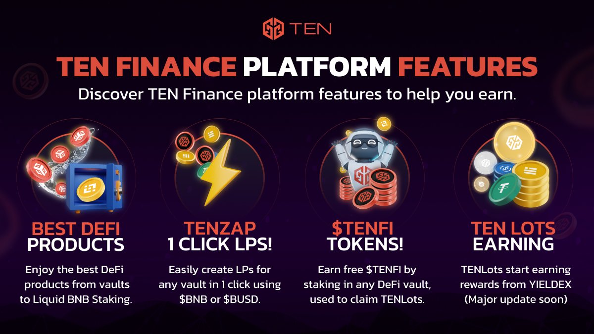 TENfinance's tweet photo. 📣Unlock the true potential of your #DeFi investments with @TENfinance!

💧Experience liquid #BNBY staking, top APY DeFi vaults, and more. 

🤩Plus, use #TENZap to create LPs effortlessly and claim #TENLots for 25% of @LEND_finance's revenue!💰

 #TENFinance #BNBChain #LEND https://t.co/CBbF1UmDxw