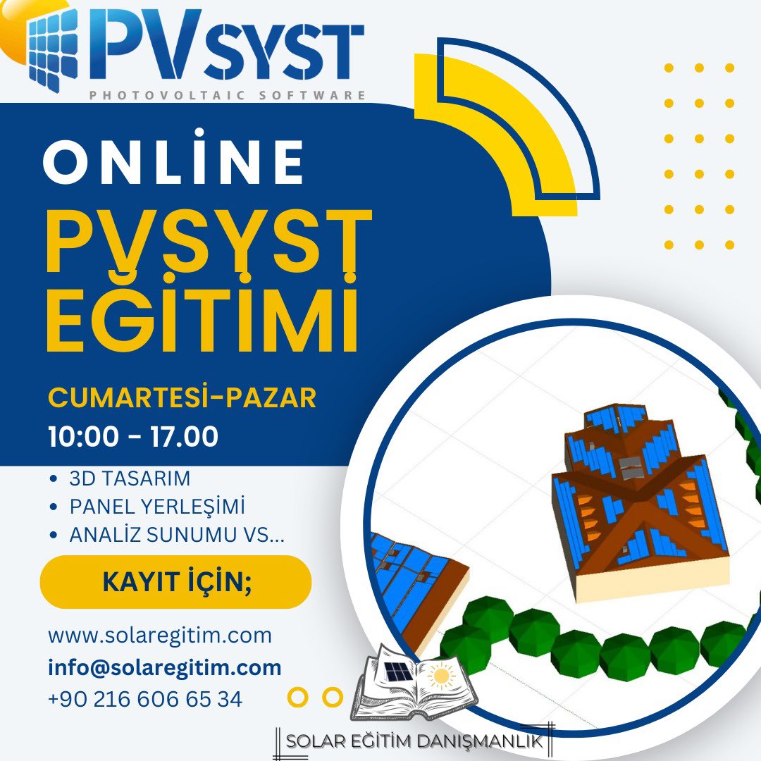 Online Haftasonu PVSYST Eğitimi

Başından sonuna kadar örnek projelerle gerçekleştireceğimiz Pvsyst eğitimimiz hakkında detaylı bilgi ve kayıt için;

+90 216 606 65 34
info@solaregitim.com

İletişim kanallarımız üzerinden iletişime geçebilirsiniz.