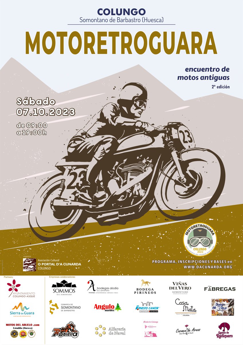 La asociación cultural O PORTAL D'A CUNARDA de Colungo (Somontano de Barbastro, Huesca) organiza la segunda edición del MOTORETROGUARA que tendrá lugar en Colungo el sábado 07 de octubre de 2023.