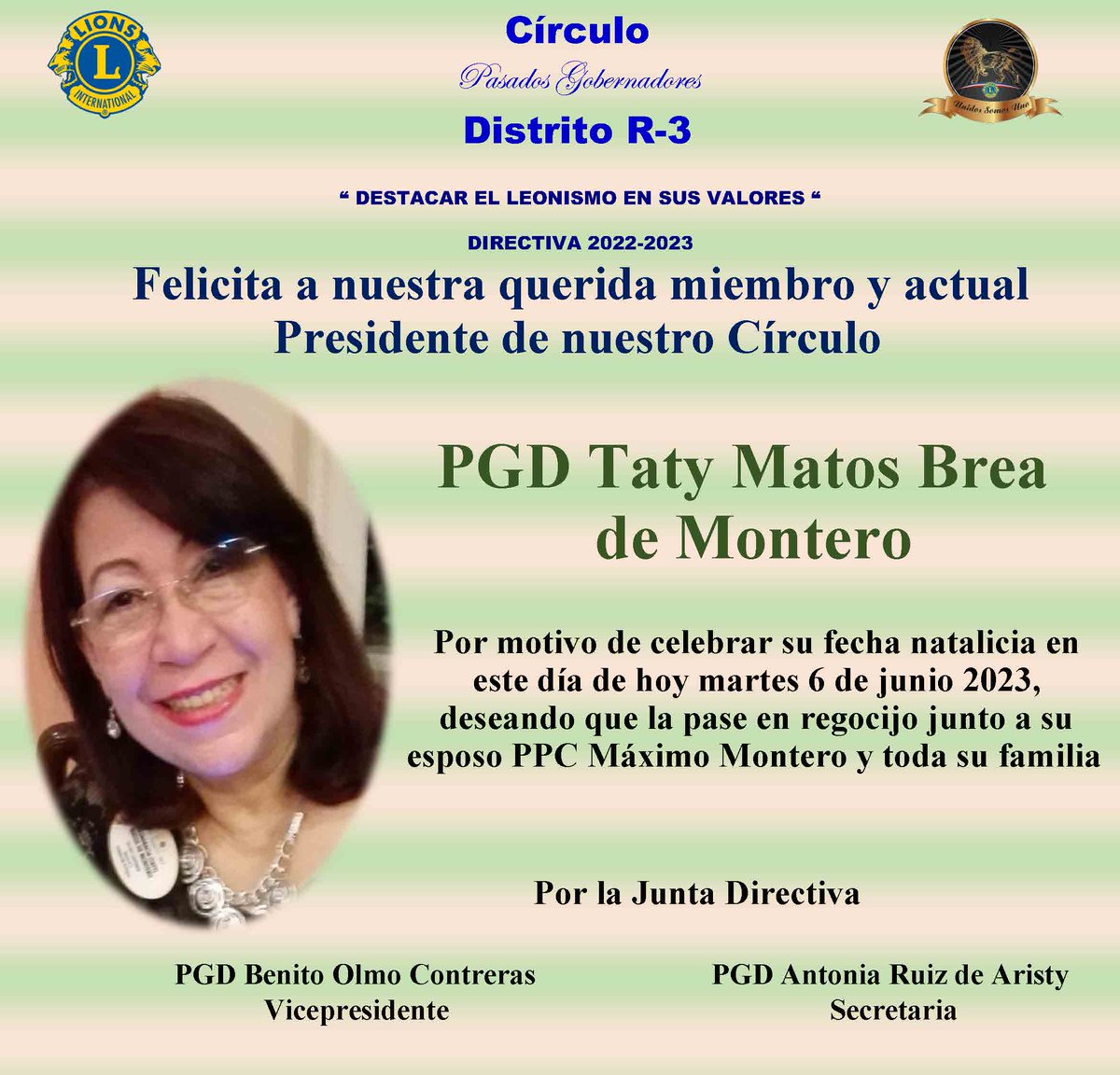 MaximoMontero's tweet photo. El CIRCULO DE PASADOS GOBERNADORES DEL DISTRITO R-3 2022-2023 , felicita a nuestra actual Presidente PGD Altagracia Matos Brea de Montero (Taty) , por el día de su cumpleaños, nuestros mejores parabienes https://t.co/80IzafojXa