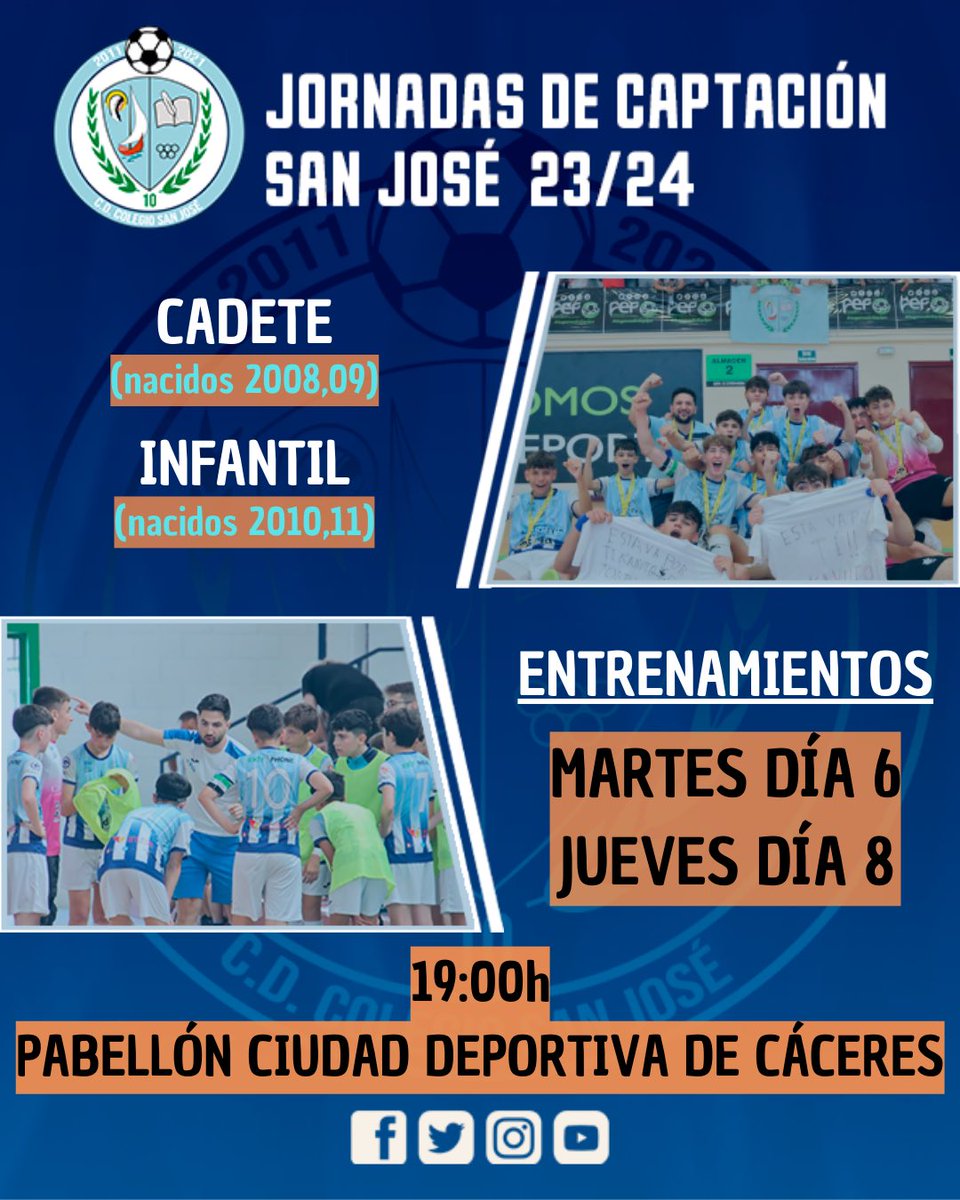 💙ℹ️JORNADAS DE CAPTACIÓNℹ️💙

INFANTIL (2010,11)
CADETE (2008,09)

Os esperamos a las 19:00h en la CIUDAD DEPORTIVA.

Cualquier duda, escríbenos 📝

#123SanJosé💙