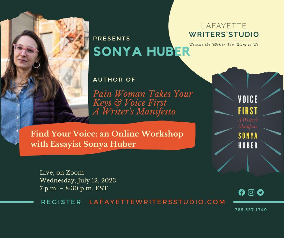 Melissa Fraterrigo (@lafayettewrite) on Twitter photo Writers often hear  that they must “find their voice,” —where is it hiding? On 7/12 @sonyahuber will show you another way of writing with voice. Writers in all genres will benefit from surprising exercises that awaken a range of voices and possibilities.👉lafayettewritersstudio.com/classes/voice Writers often hear  that they must “find their voice,” —where is it hiding? On 7/12 @sonyahuber will show you another way of writing with voice. Writers in all genres will benefit from surprising exercises that awaken a range of voices and possibilities.👉lafayettewritersstudio.com/classes/voice