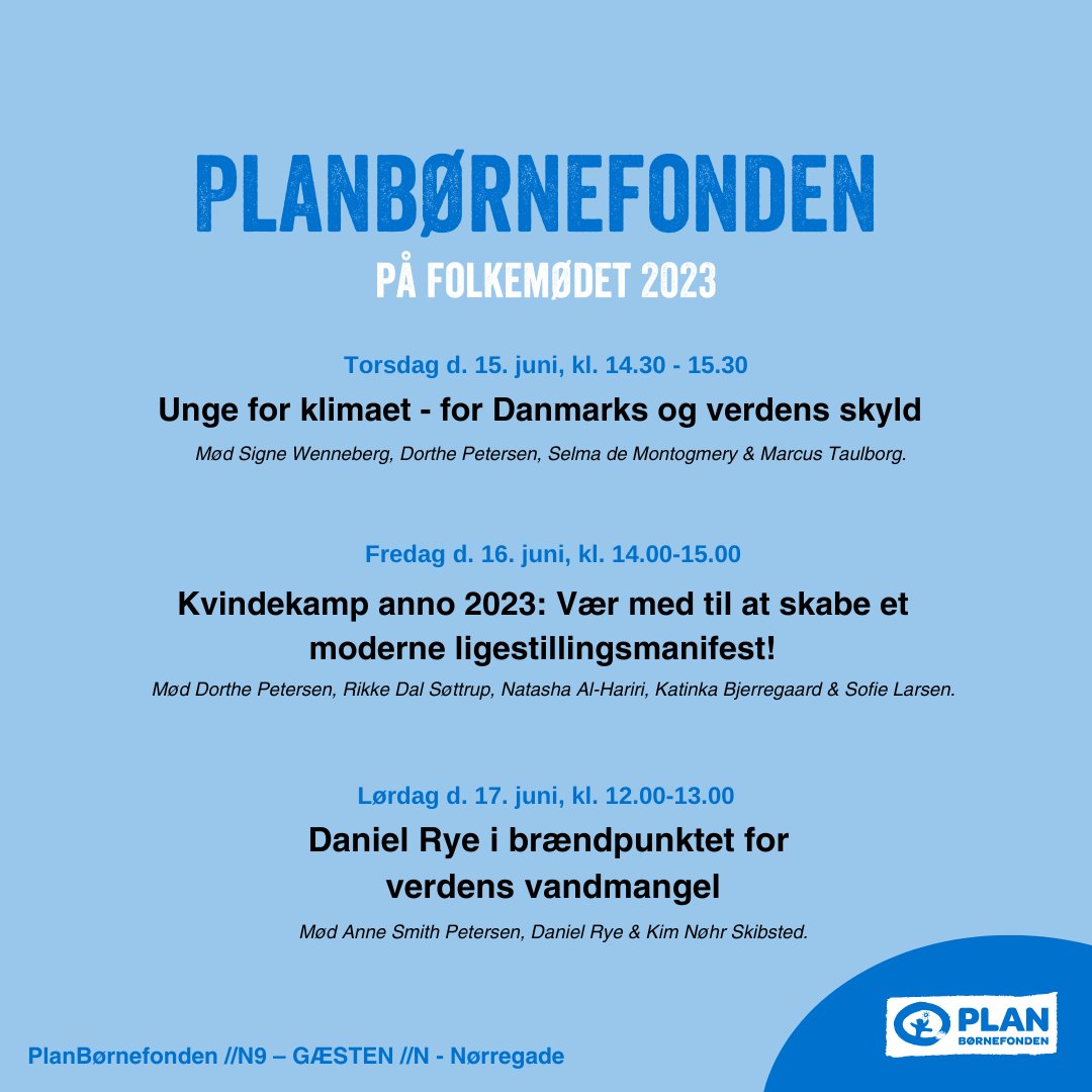 Ses vi på <a href="/Folkemoedet/">Folkemødet #fmdk</a>? 
Find os på Gæsten alle dage, hvor vi inviterer til

🌍Samtale om unges rolle i den globale klimakamp
💪Skabelsen af et ligestillingsmanifest anno 2023
💧Vidnesbyrd om vandkrisens konsekvenser for verdens fattigste

#FM23 #folkemødet2023 #dkaid #dkpol