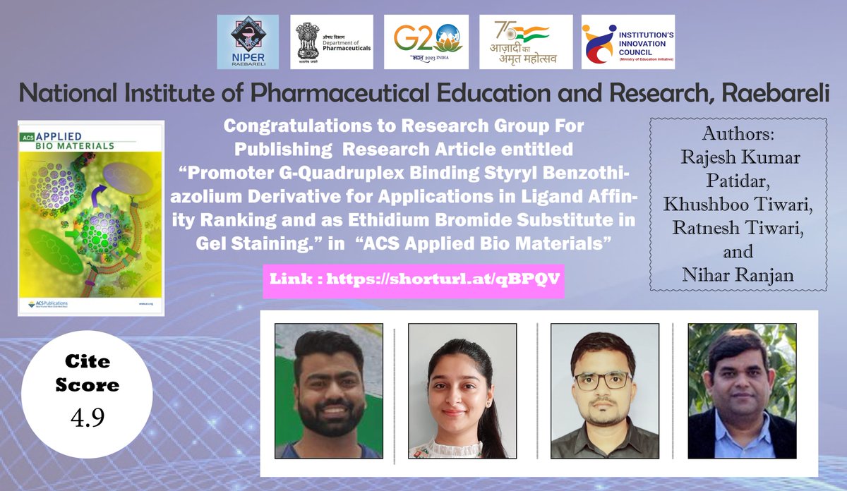 NIPER Raebareli (@niperraebareli) on Twitter photo <a href="/NIPERRaebareli/">NIPER Raebareli</a> Congratulates Dr. Ranjan's research group (Rajesh Kumar Patidar, Khushboo Tiwari, Ratnesh Tiwari, and Nihar Ranjan) for Publishing a Research Article in  “ACS Applied Bio Materials” Journal.
#pharmadept
#niperresearch <a href="/NIPERRaebareli/">NIPER Raebareli</a> Congratulates Dr. Ranjan's research group (Rajesh Kumar Patidar, Khushboo Tiwari, Ratnesh Tiwari, and Nihar Ranjan) for Publishing a Research Article in  “ACS Applied Bio Materials” Journal.
#pharmadept
#niperresearch