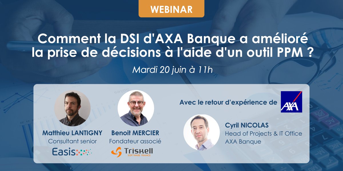 🔎 Vous manquez de visibilité sur les portefeuilles d’activités de votre #DSI ?

Lors de notre prochain webinar, découvrez comment AXA Banque a optimisé son portefeuille #IT pour améliorer la prise de décisions grâce à un logiciel #PPM !

👉 Inscriptions : bit.ly/43D24Ce
