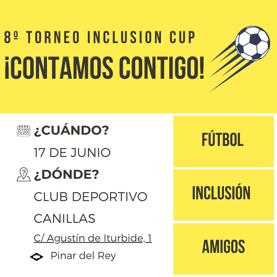 🔜 ¡Regresa #InclusionCup🏆 ! El torneo solidario que une a personas diversas con un interés común: EL FÚTBOL.

¡Aún puedes colaborar!

Los fondos recaudados irán destinados a proyectos para la
vida independiente.

✉️Para colaborar, ponte en contacto con nosotros.