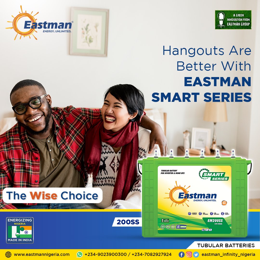 EastmanInfinity's tweet photo. Hangouts are better with Eastman 200Ah Smart Series Battery.
Eastman Nigeria
☎️ +234 9023900300 / 7082927924
🌐 https://t.co/0Fj0Da1GyG
.
.
.
#Eastman #EastmanBatteries #EastmanNigeria #TTCBatteries #SmartSeries #InverterBatteries #TheWiseChoice https://t.co/MhEzncMivl