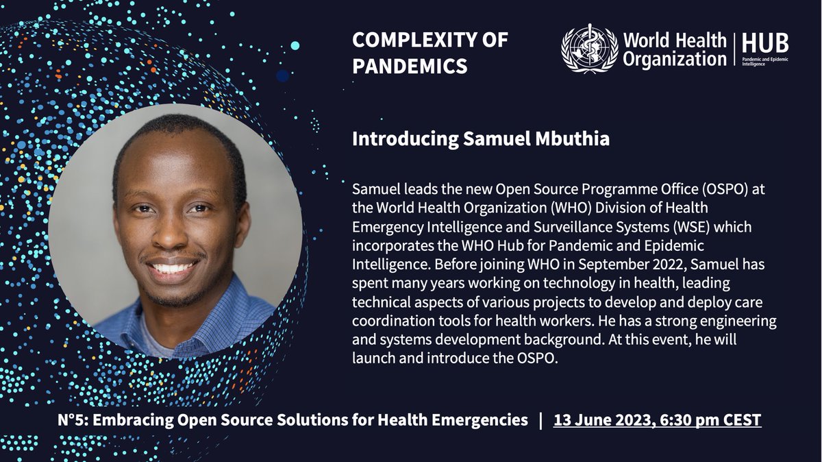 Chikwe_I's tweet photo. In one week we launch #WHO_OSPO &amp; discuss #OpenSource solutions with @yanokwa &amp; Hajer Letaief @MinsanteTn &amp; @samkmbuthia at our #WHOHubSpeakerSeries. Co-hosted w/ @ChariteBerlin 
 
Why is #OpenSource relevant for our work?
 
REGISTER and join to find out: https://t.co/cux7rKHbTh https://t.co/wqndwCb42N