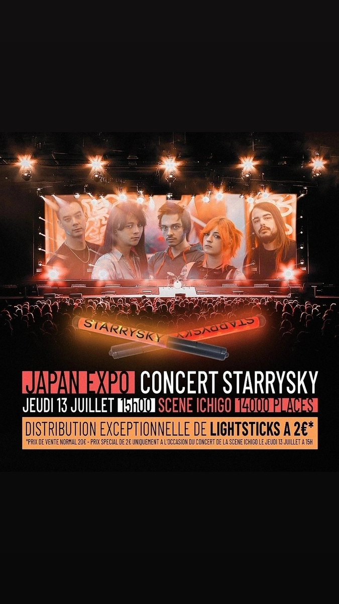 ✨VERDICT✨
Ça sera 10 concerts à Japan Expo pour STARRYSKY cette année

👉 4 avec nos chansons, dont un de 45 min sur la scène géante ICHIGO (14000 places) Jeudi 15h

👉 6 en partenariat sponsorisé avec 4 licenses de jeux vidéos différentes (hehe on peut pas encore vous le dire)