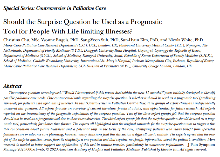 Dr Nicola White (@nicolagwhite) on Twitter photo I really enjoyed co-ordinating this paper.
Should the Surprise Question be used as a prognostic tool?
Read the international considerations of Christina Chu, <a href="/y_engels/">yvonne engels</a>, Sang-Yeon Suh, and Sun-Hyun Kim
authors.elsevier.com/a/1hCRv39K9yt2…
<a href="/JPSMjournal/">Journal of Pain and Symptom Management (JPSM)</a> #controversiesinpalliativecare I really enjoyed co-ordinating this paper.
Should the Surprise Question be used as a prognostic tool?
Read the international considerations of Christina Chu, <a href="/y_engels/">yvonne engels</a>, Sang-Yeon Suh, and Sun-Hyun Kim
authors.elsevier.com/a/1hCRv39K9yt2…
<a href="/JPSMjournal/">Journal of Pain and Symptom Management (JPSM)</a> #controversiesinpalliativecare