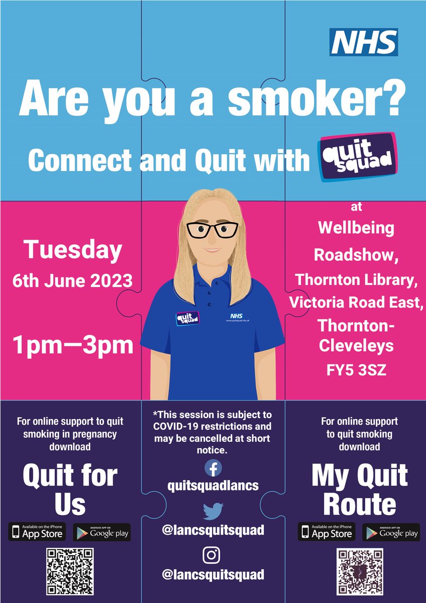 JenQuitSquadNL's tweet image. #ConnectWithQuitSquad TODAY at #ThorntonLibrary for @wyrecouncil&apos;s Wellbeing Roadshow!  

Come along and find out how going smokefree with help from @LancsQuitSquad can improve your health, wealth &amp;amp; wellbeing 🩺💰🏃‍♀️

quitsquad.nhs.uk