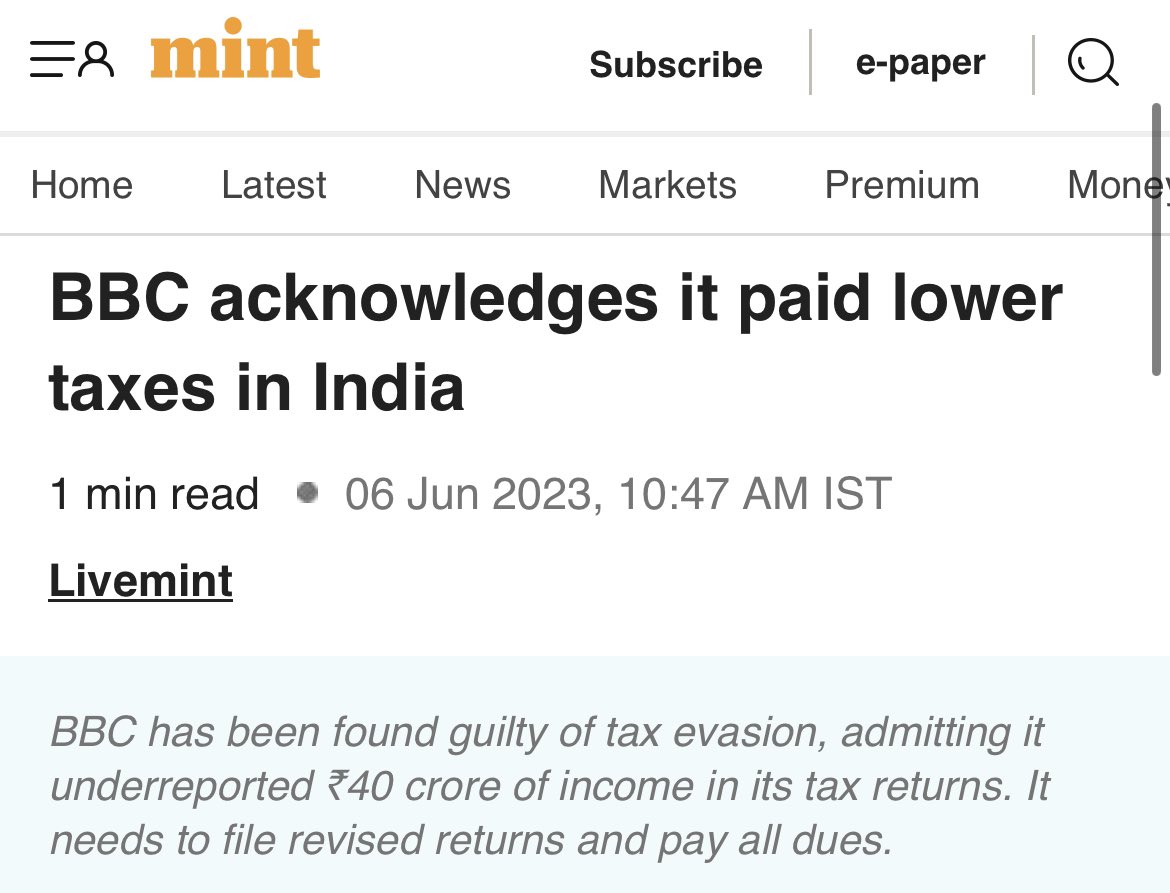 Open Letter on Twitter "BBC admits its tax evasion in India, underreported ₹40 crore of its