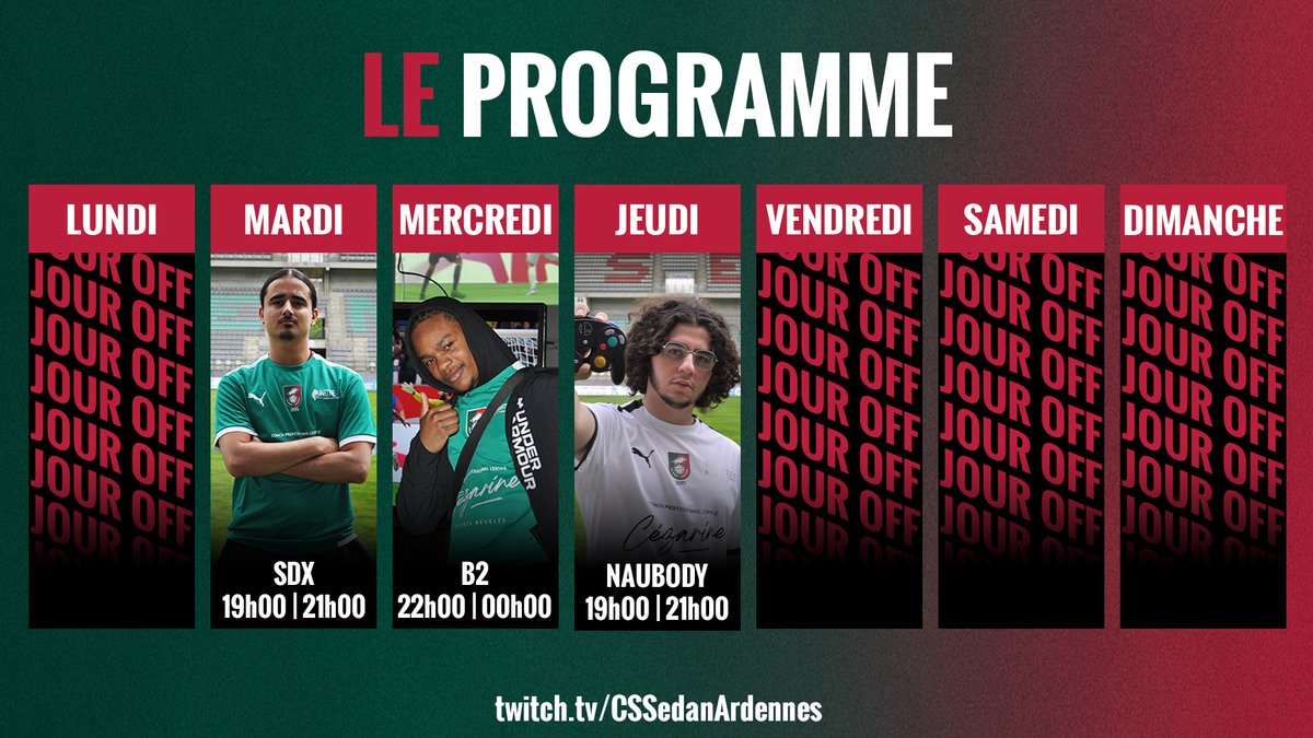 Le planning de la semaine ☀️

twitch.tv/CSSedanArdennes