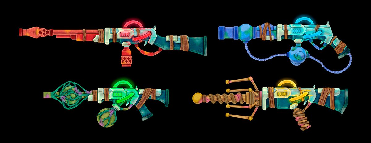 BugsnGuns's tweet photo. In Bugs N' Guns, players will have to combine elements to generate interactions at a high pace. Here are our first concepts for the weapons. Do you like them? Which one do you like the most? #BugsNGuns #Weapons #ConceptArt #IndieDev #GameDev #GameDeveloper #IndieGameDev https://t.co/JAuPNqs1MD