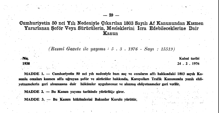 Cumhuriyetimizin 50. yılı şerefine çıkartılan şoför affının, Cumhuriyetimizin 100. yılı şerefine tekrar çıkartılıp, 700 bin insanımızın hayatlarını geri kazanmalarına lütfen vesile olunuz.
Saygılar.
<a href="/RTErdogan/">Recep Tayyip Erdoğan</a> 
<a href="/dbdevletbahceli/">Devlet Bahçeli</a> 
@ErbakanFatih 
<a href="/_cevdetyilmaz/">Cevdet Yılmaz</a> 
<a href="/melihguuner/">Melih Güner</a>
