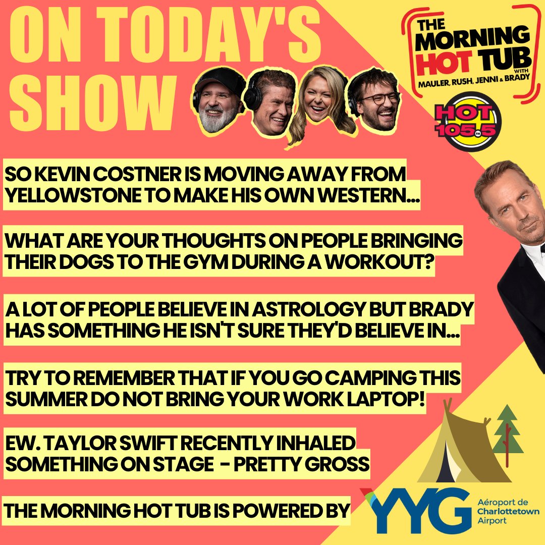 Happy Tuesday!  

It’s Mauler, Rush, Jenni and Brady in the Morning Hot Tub for YYG Charlottetown Airport with another heck of a show to welcome the day!

<a href="/flyYYG/">YYG Charlottetown Airport</a>