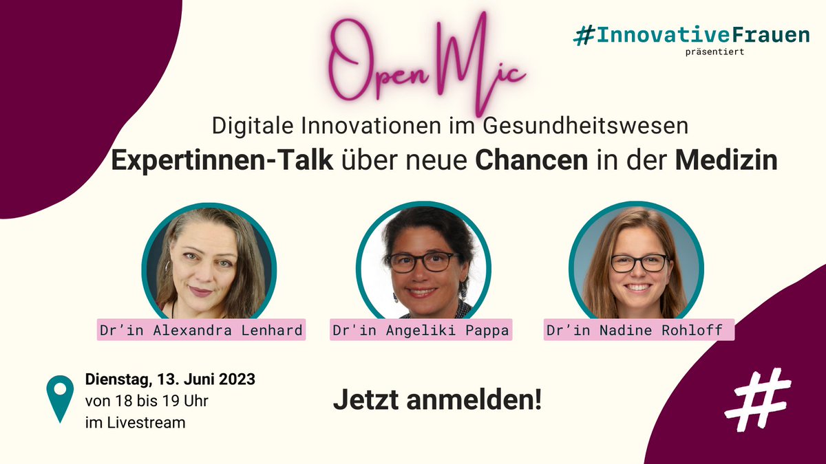 Wir sind dabei🙌
Zu unserem #OpenMic "#ExpertinnenTalk über digitale #Innovationen im #Gesundheitswesen" im Rahmen des #Digitaltag könnt ihr euch jetzt für eine E-Mail-Erinnerung anmelden. Alle Infos ➡️ innovative-frauen.de/open-mic/open-… #InnovativeFrauen