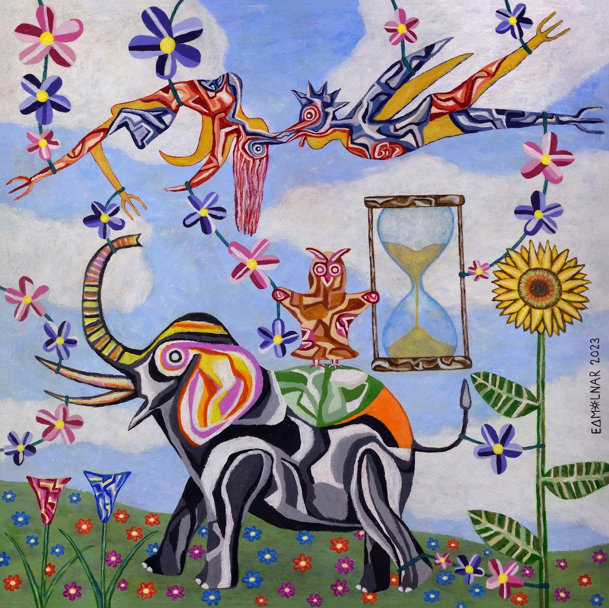 Love in the air, Acrylic on canvas, 100x100cm(40x40in)
The description of what this painting symbolizes is added in alt text.
Visit my website and 'The Connections' gallery on my website iamabird.art for more info
#symbolism #cubism #birds #painting #love  #psychedelic