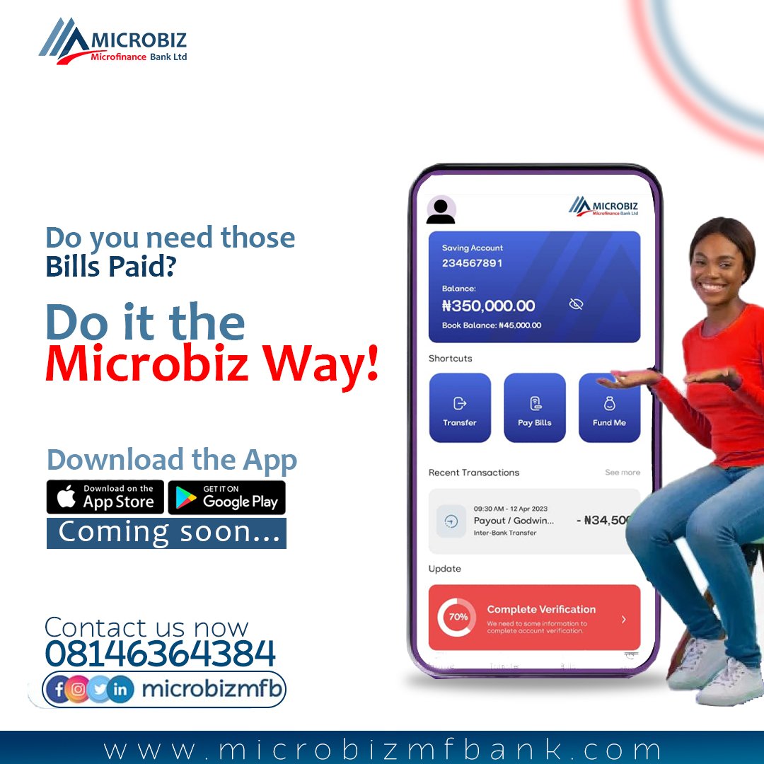 microbizmfb's tweet image. Get ready for a new banking experience.
seamless transactions, easy loans and quick responses.
The Microbiz Microfinance bank app has everything you need, stay tuned.
#MicrofinanceApp #FinancialInclusion #FintechRevolution #EmpowermentThroughFinance
#DigitalFinancialServices