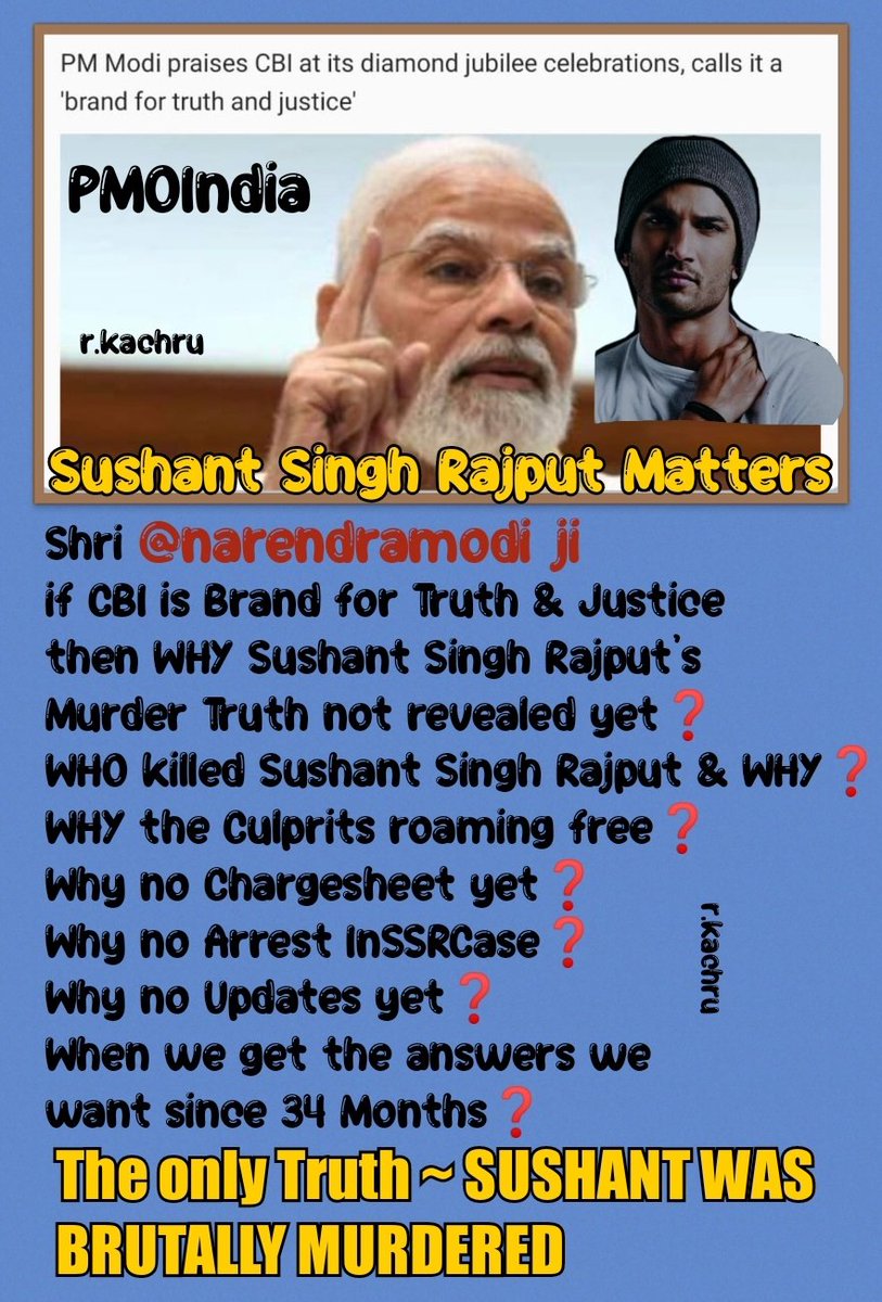 @iStand4SSR @PMOIndia @TrueColoursOnly @07Godspower @aayushlr @AshutoshSureka6 @Deenuboy @itsShweta211031 @BappaManab1 @cbic_india Asking Right Questions To Those Who Wronged Sushant & With who Sushant’s Case Rests Why IPC 302 isn't imposed yet❓ When all evidences are clearly screaming towards murder then why CBI is taking too much time❓ When will @itsSSR get justice❓ @MLJ_GoI PM Sushant Justice Matters