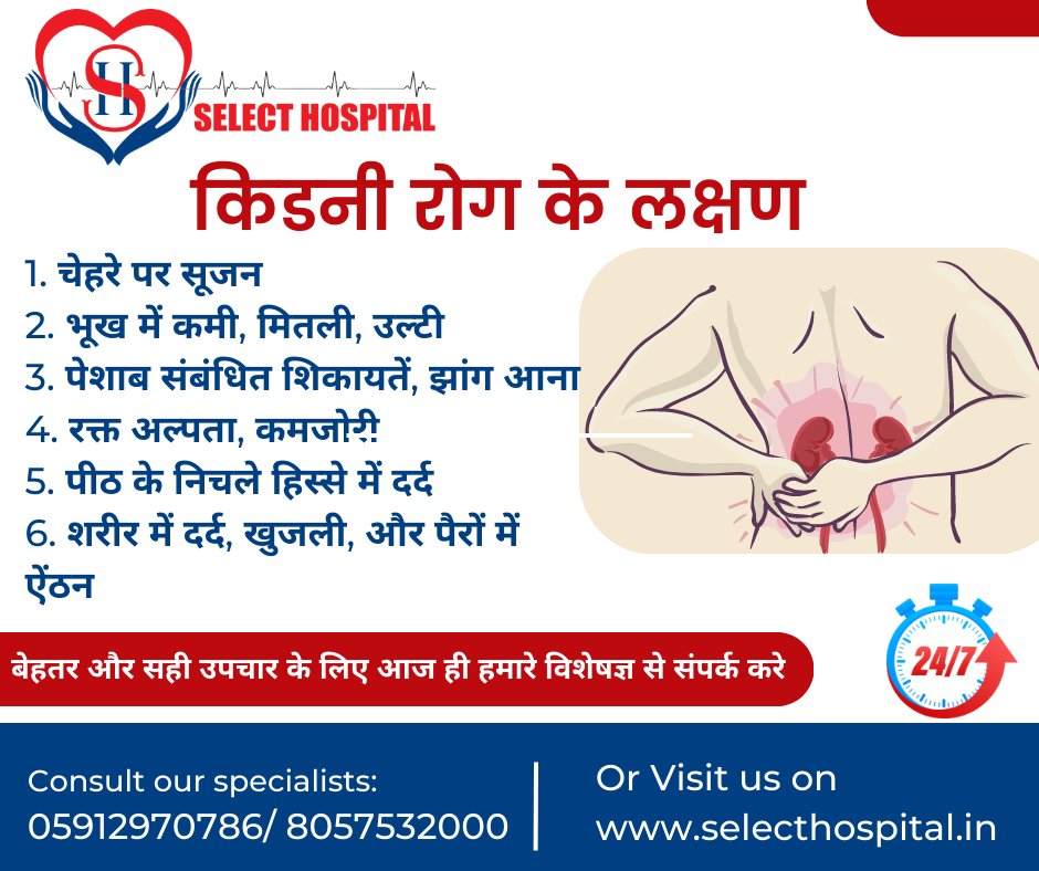 𝗟𝗘𝗔𝗥𝗡𝗜𝗡𝗚 𝗢𝗙 𝗧𝗛𝗘 𝗗𝗔𝗬
किडनी रोग के लक्षण!
.
.
.
Consult our specialists: 05912970786/ 8057532000
Or Visit us on selecthospital.in
 #selecthospital #KidneyDiseaseSymptoms
#KidneyHealthAwareness
#MoradabadHospital
#KidneyCare
#RenalHealth
#HealthCheckup