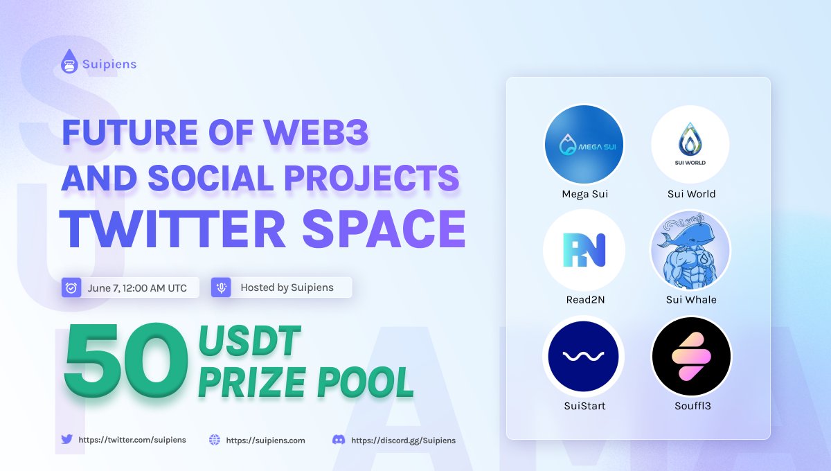 🔵⚪️🔵Future of Web3 and Social projects on SUI 💧 🎁 Prize: 50 $USDT ⏰ Time: Jun 7th, 12:00 UTC 🚩 Location: @suipiens Twitter #Space 🔗 Join the Space: x.com/i/spaces/1voxw… #Web3 #SocialProjects #SuiNetwork #TwitterSpace