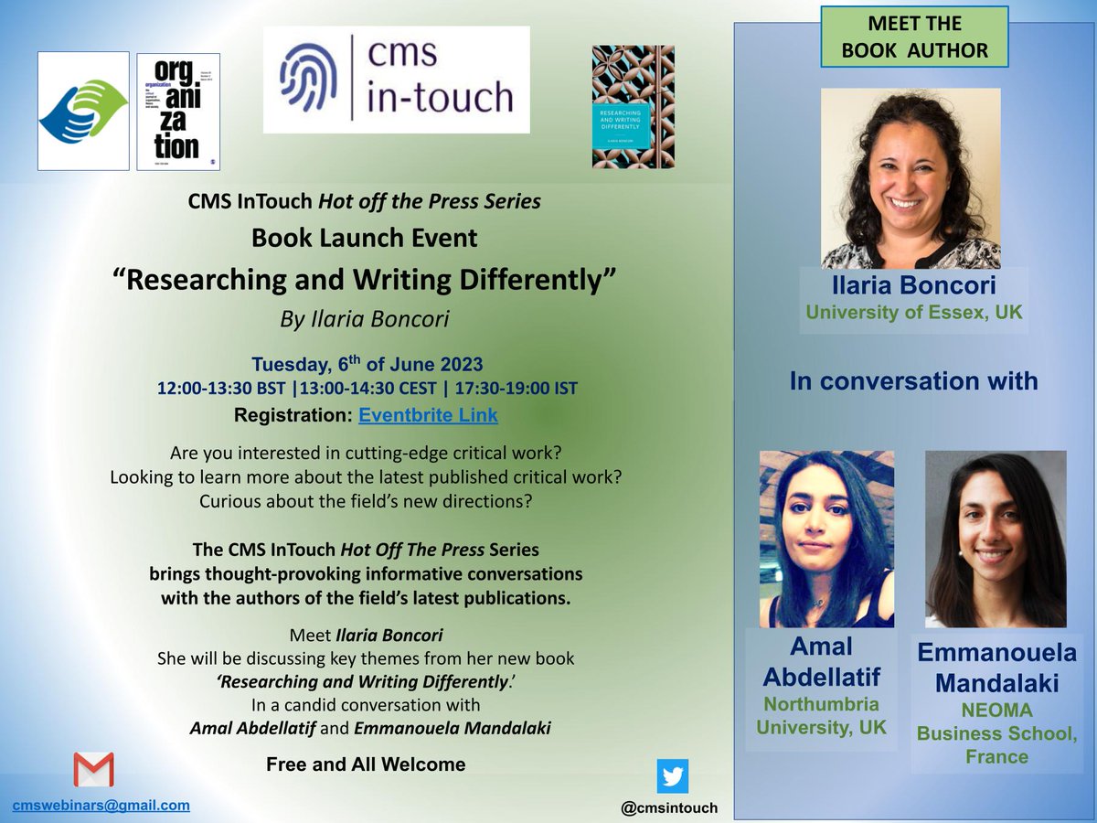 Today - starting soon - Tuesday, 6 June 2023 12:00 (BST) - Hot off the Press | Researching and Writing Differently with @BoncoriIlaria @Amal_Abdelatif <a href="/EmMandalaki/">Emmanouela Mandalaki</a>