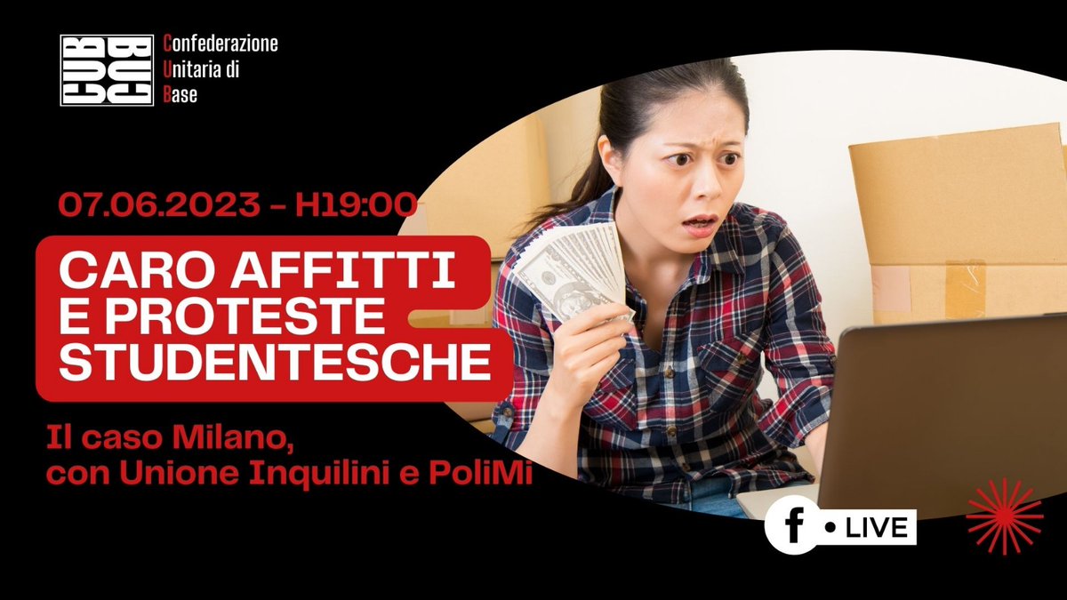 #caroaffitti emergenza #abitativa studenti fuori sede, ne parliamo mercoledì 7 giugno dalle 19 con <a href="/romainquilini/">Massimo Pasquini, ex segretario Unione Inquilini</a> Milano e gli studenti del <a href="/polimi/">Politecnico di Milano</a>, webinar in diretta qui: cub.it/caro-affitti-e…