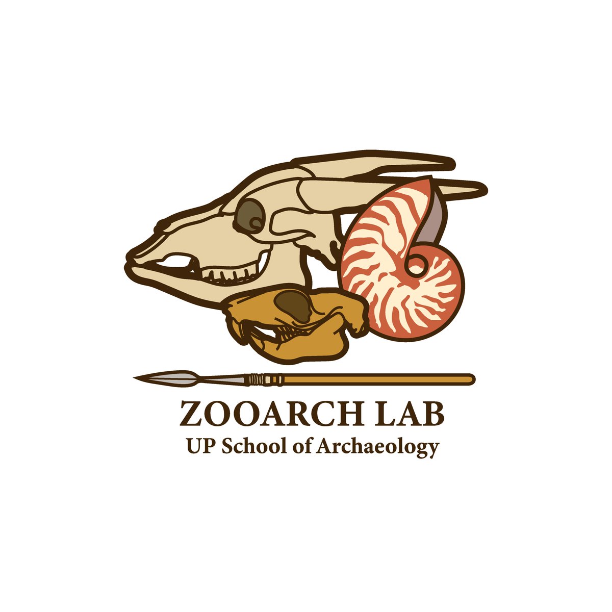 UPSA ZOOARCHAEOLOGY LAB HAS A LOGO!!
It feautures some representative faunal specimens, sometimes found in Filipino archaeological sites: a cloud rat skull, a tamaraw skull and a Nautilus shell. For the human component, a Kalinga spear made of metal, wood, and rattan.