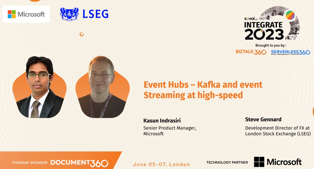 I'll be speaking at Integrate 2023 - London; on 'High-speed event streaming with Azure Event Hubs and Apache Kafka' with Steve Gennard from @LSEGplc and we will be diving into LSEG's remarkable journey of migrating their on-prem Kafka to Event Hub. #Integrate2023 @azuremessaging