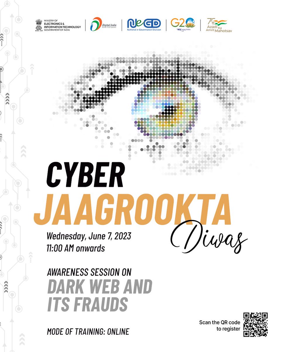 #StaySafeOnline | In continuation of the virtual sessions under #CyberJagrooktaDiwas, @NeGD_GoI is organizing a session on Dark Web and IT Frauds (Jun 7, 2023).
#G20India #G20DEWG #cybersecurity
