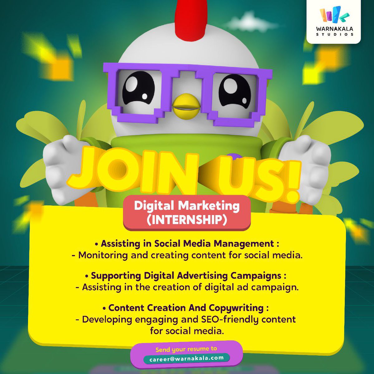 We're hiring NOWWW for a Digital Marketing internship at Warnakala Studios!

Send your resume/portfolio to career@warnakala.com and join us to be one of the #WarnaKrew 🥳🥳

#warnakalastudios #intership #intershipmalaysia #socialmediamarketing #MalaysiaDigital #AnimationStudios