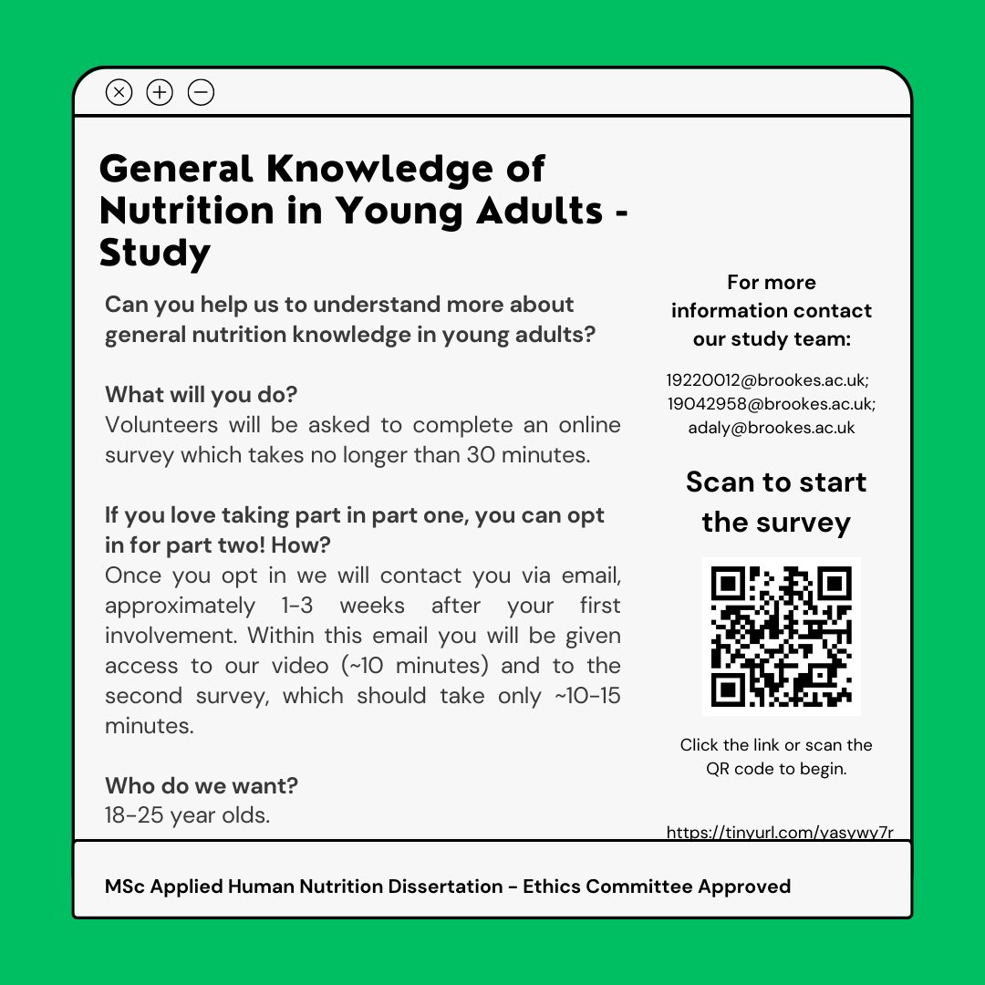 Some @OBU_Nutrition MSc students are looking for study participants for their online survey & educational video. Looking for young adults aged 18-25 years, from any background. Please share & complete here 👉🏽 tinyurl.com/yasywy7r @porternutrition @ZG_Nutrition @NutriPDATU