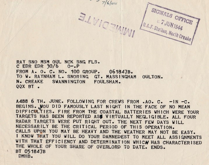 ControlTowerNC's tweet photo. This signal was sent in appreciation of the work carried out by 199 Squadron from RAF North Creake for D-Day. It is stamped in our Signals Room. Makes the hairs stand up on the back of my neck. #DDay79 #OperationOverlord #RAFNorthCreake #FeeltheHistory #ControlTowerHistory https://t.co/5FiSZ3WRl8