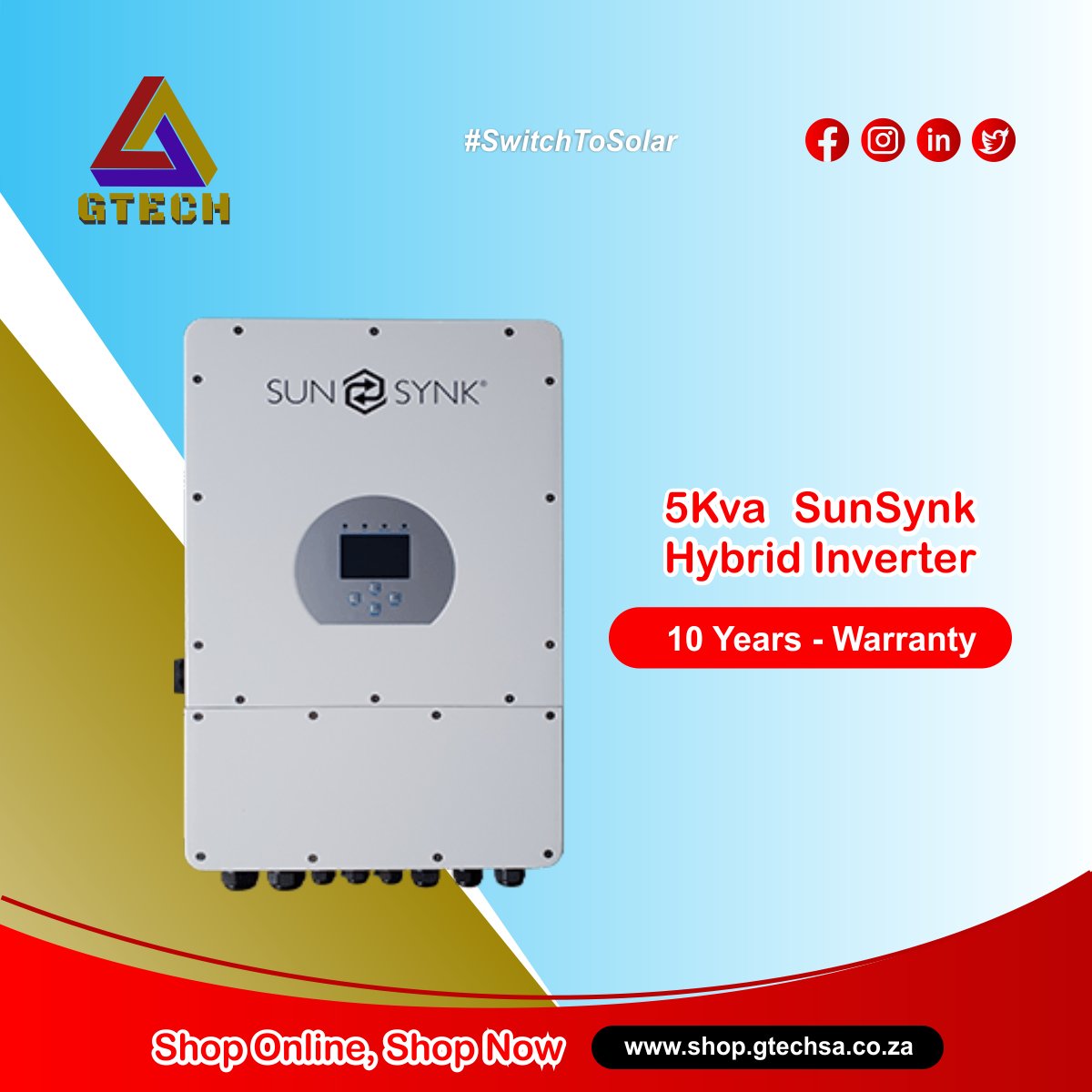 Gtechsa27's tweet photo. Shop everything needed for a complete #5KvaSunSynkSolarSystem here https://t.co/Oef98BCXby and get GTECH to install it for you. 

▶️ 5Kva SunSynk Hybrid Inverter
▶️ 5,12 kWh SunSynk Li-ion Battery
▶️ 550W X 8 Canadian Solar Panels
▶️ Change-over Switch, Cables &amp; Accessories https://t.co/qLfHGXHXEo
