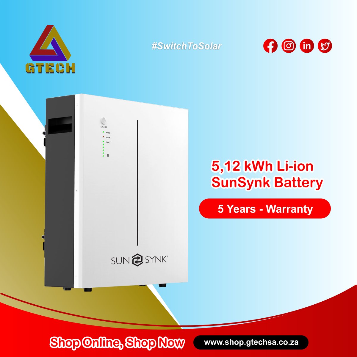 Gtechsa27's tweet photo. Shop everything needed for a complete #5KvaSunSynkSolarSystem here https://t.co/Oef98BCXby and get GTECH to install it for you. 

▶️ 5Kva SunSynk Hybrid Inverter
▶️ 5,12 kWh SunSynk Li-ion Battery
▶️ 550W X 8 Canadian Solar Panels
▶️ Change-over Switch, Cables &amp; Accessories https://t.co/qLfHGXHXEo