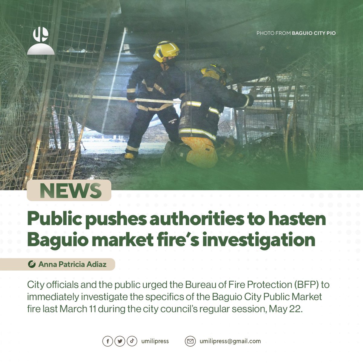 umilipress's tweet photo. NEWS | Public pushes authorities to hasten Baguio market fire’s investigation
By Anna Patricia Adiaz

City officials and the public urged the BFP to immediately investigate the specifics of the Baguio Market fire last March 11 during the city council’s regular session, May 22. https://t.co/Bolylx4O95