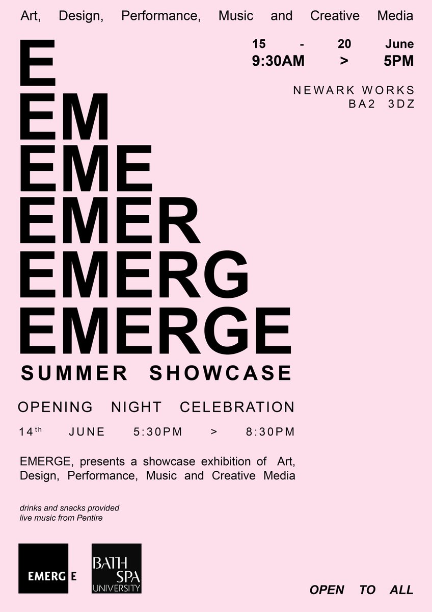 EMERGEinBath's tweet photo. Our Summer Showcase is coming at Newark Works and IT'S NEXT WEEK we’d love you to join us 

Wed 14 June 5.30pm 
Drinks,  exhibition, entertainment 🌞⛱️🎸

@tcnuk @BathSpaUni @BathEnts @FringeArtsBath @SparkFestBath https://t.co/4xnIVUDcYK