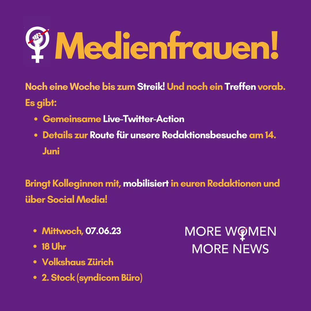📢📢📢Kommt an unser letztes Treffen vor dem #Streik! Morgen Mittwoch im Volkshaus Zürich. Bringt Kolleginnen mit! Wir freuen uns 😃! 
#nowomennonews2023 #nowomennonews #morewomenmorenews #feministischerstreik #frauenstreik #medienfrauenstreik #feminismus #journalismus #14juni