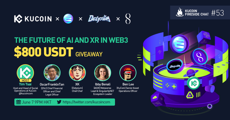 kucoincom's tweet photo. 🚀Join us for an extraordinary Twitter Space as we unveil the Future of AI and XR in WEB3 with @enjin, @The_Delysium, and @SingularityNET.

🎁$800 Giveaway (10 winners, $80)

1️⃣ Follow @kucoincom &amp; all projects
2️⃣ RT &amp; tag 2 friends
3️⃣ Join the Space

Set a reminder ✅