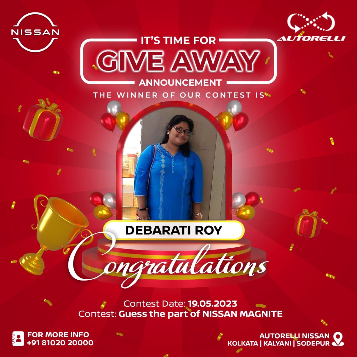 📢 We are thrilled to announce the #Winner of 𝐆𝐮𝐞𝐬𝐬 𝐓𝐡𝐞 𝐏𝐚𝐫𝐭 #Contest. Congratulations to 𝓜𝓻. 𝓓𝓮𝓫𝓪𝓻𝓪𝓽𝓲 𝓡𝓸𝔂! 🎉🏆

👉Contest -instagram.com/p/CsajtvAraid/

#Autorelli #Nissan #Kolkata #NissanMagnite #ContestWinner #Giveaway #WinnerAnnouncement #LuckyWinner