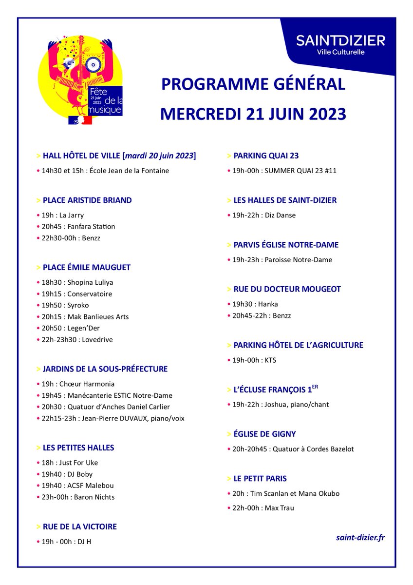 Festival Musical'été 🌞 à Saint-Dizier (@musicaletefest) on Twitter photo Le lancement des animations estivales, ça commence par la Fête de la Musique à <a href="/SaintDizierFR/">Saint-Dizier</a> ! 🥰
On se donne rendez-vous le 21 juin pour un parcours éclectique sur plus d'une dizaine de plateaux à la découverte de groupes locaux ! ☀
Le programme complet est par ici ⤵ Le lancement des animations estivales, ça commence par la Fête de la Musique à <a href="/SaintDizierFR/">Saint-Dizier</a> ! 🥰
On se donne rendez-vous le 21 juin pour un parcours éclectique sur plus d'une dizaine de plateaux à la découverte de groupes locaux ! ☀
Le programme complet est par ici ⤵