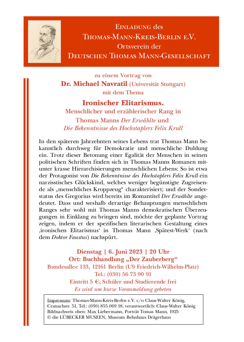 Heute  halte ich in Berlin, in der Buchhandlung "Zauberberg", einen Vortrag  zum (vermeintlichen) Elitarismus in Thomas Manns beiden letzten Romanen.  Gäste sind herzlich willkommen! #ThomasMann #Germanistik #Literatur #Philologie