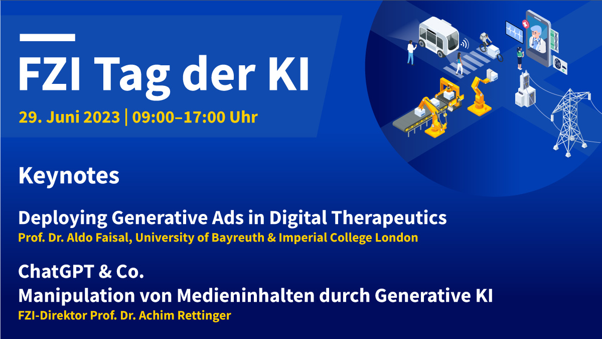 2. FZI Tag der #KI am 29.6.! Fokus der Veranstaltung: KI-Anwendungen und -Methoden. Neben Keynotes von Prof. Faisal <a href="/AnalogAldo/">Analog Aldo</a> zu #DigitalHealth und FZI-Direktor Prof. <a href="/AchimRettinger/">Achim Rettinger</a> zu #ChatGPT stehen 3 Fach-Tracks und Lab Lunch mit Live-Demos bereit.👉url.fzi.de/tag-ki-2023