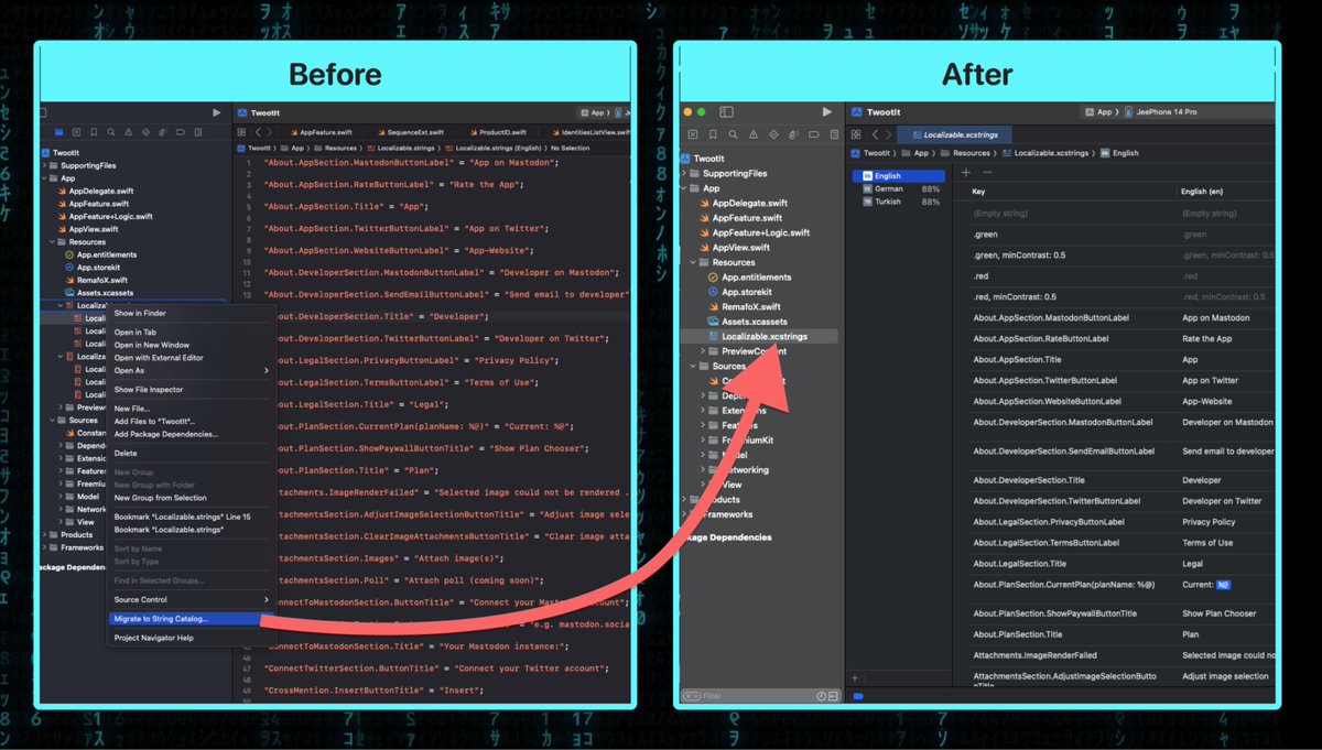 #Xcode 15 tidbit:
There’s a new “String Catalog” file replacing the legacy Strings(dict) files! 😍

It comes with a visual editor showing all languages in one place, progress tracking, migrator, automatic code extraction &amp; more!

Can’t wait to support it in <a href="/RemafoX_App/">RemafoX: Easy App Localization</a>!
#WWDC23