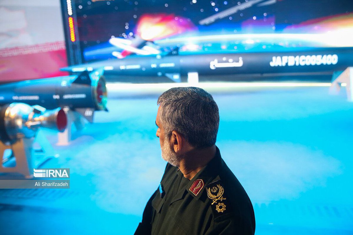 JasonMBrodsky's tweet photo. #BREAKING: #Iran unveiled on Tuesday a hypersonic missile named Fattah which it claims is capable of traveling at 15 times the speed of sound. Israeli officials have been eyeing potential Russian transfers of hypersonic technology to Tehran. But no launch yet. https://t.co/aIauNCAYKK