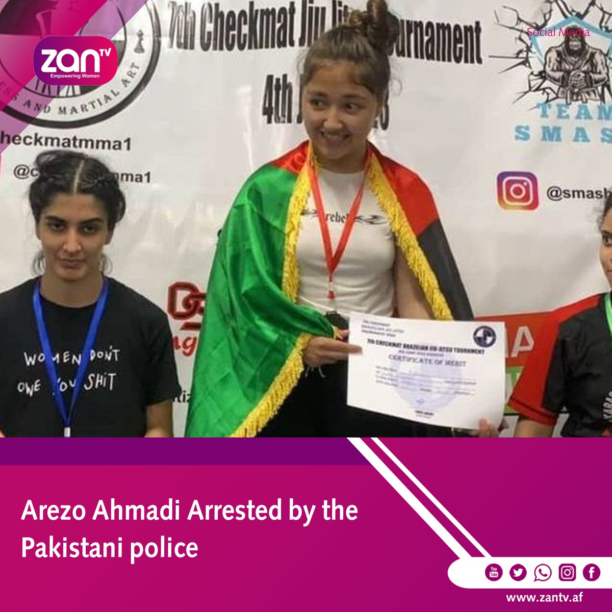 ZANTV's tweet photo. Arezo Ahmadi, an Afghan athlete who won a gold medal in the 7th International Jujitsu Championships in Pakistan, has been detained by the Pakistani police.

Arezo Ahmadi, with some of her companions, was arrested by the Pakistani police on Tuesday (June 6) while returning from Karachi to Islamabad, despite having a UNHCR migration card.

It is worth mentioning that Arezo Ahmadi participated in the 7th International Jujitsu Championships in Karachi, Pakistan, on Sunday (June 4) representing Afghanistan. She secured the gold medal by defeating three opponents.
#zantv