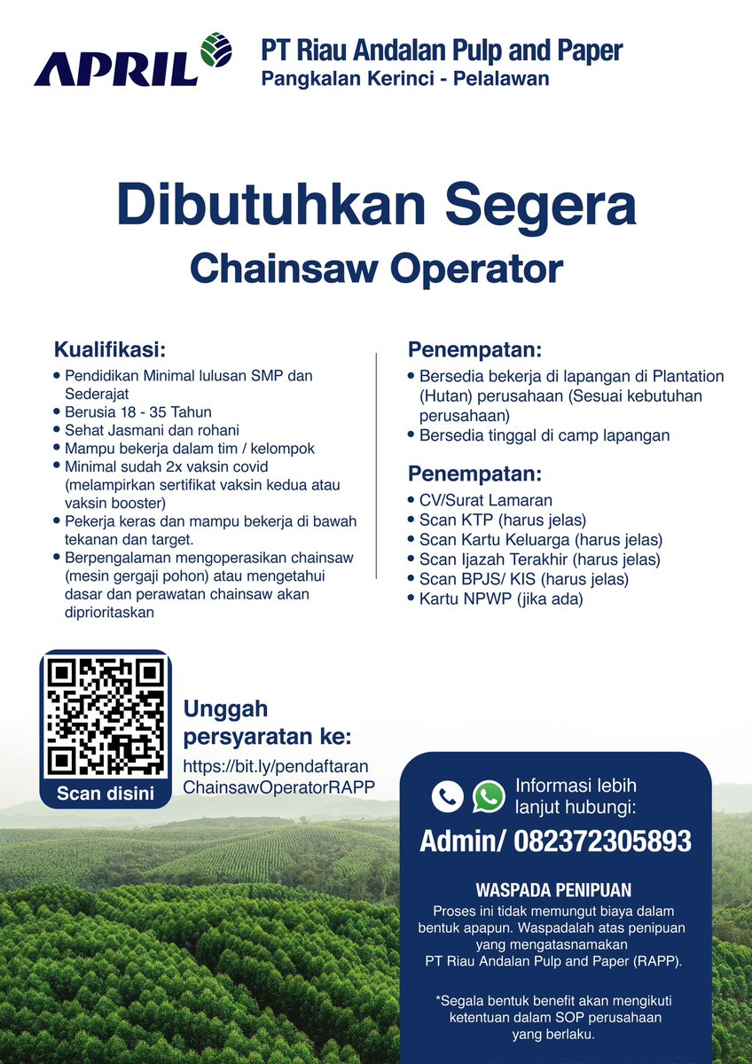PT RAPP kembali membuka Lowongan Kerja sebagai Operator Chainsaw!
Tunggu apa lagi? Bersiaplah menjadi bagian dari kami! 
bit.ly/3qrtbSH